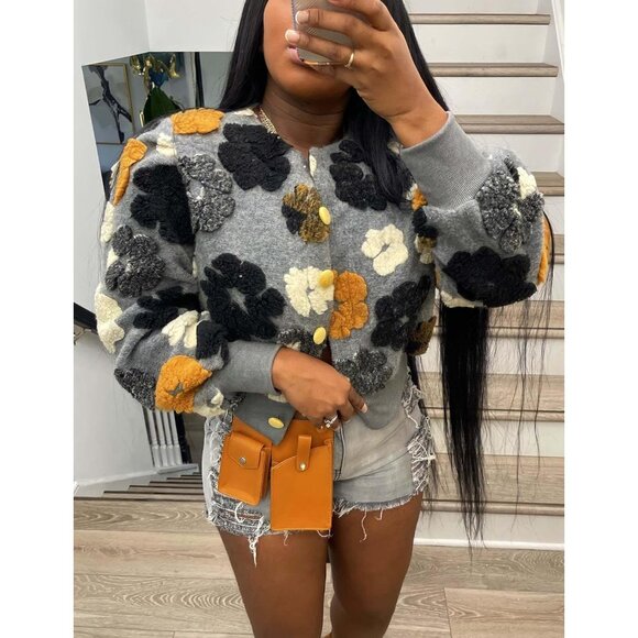 Women's Cropped Floral Print Fleece Bomber Jacket Puff Sleeve Fall Winter - Picture 2 of 5